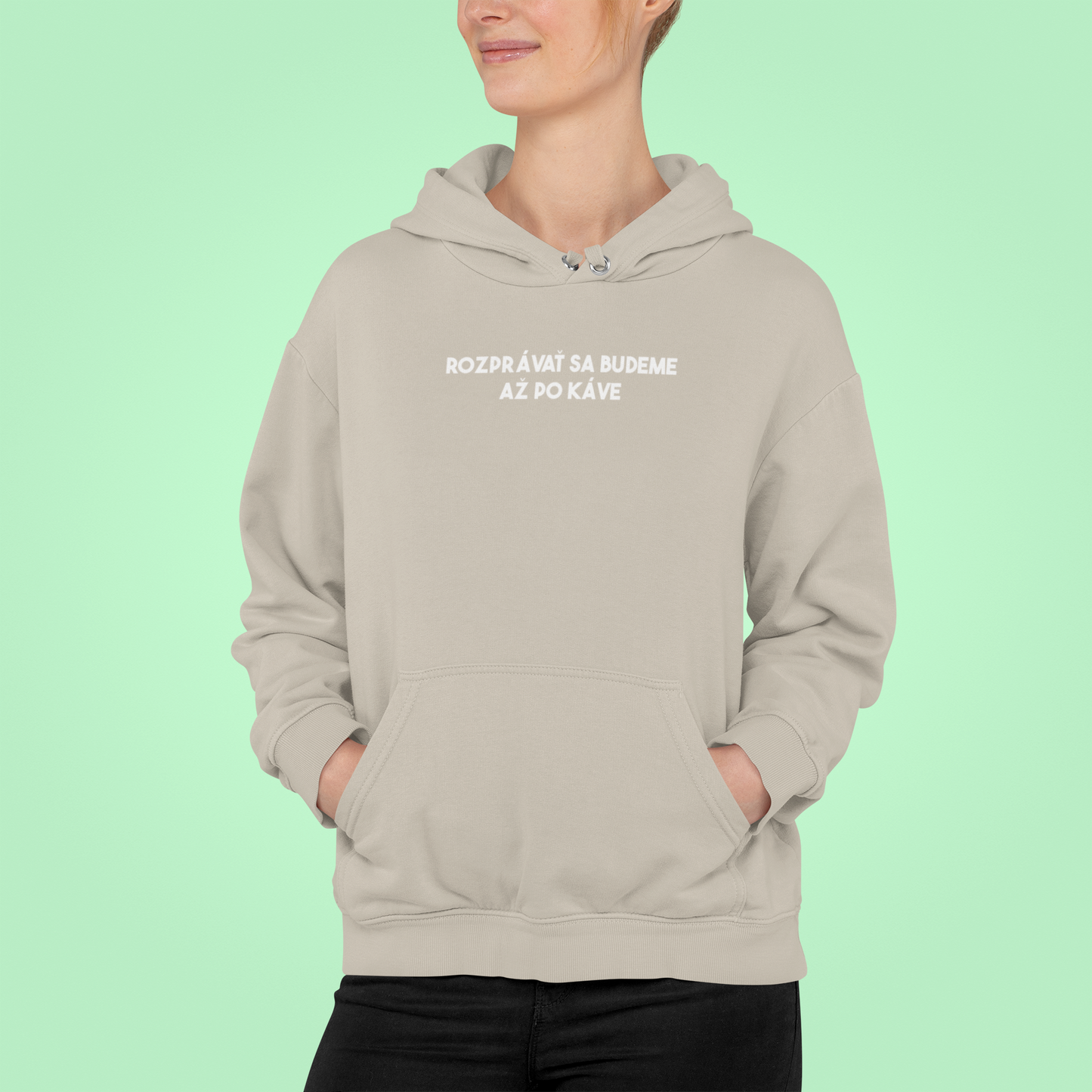 Mikina s nápisom "Rozprávať sa budeme až po káve"